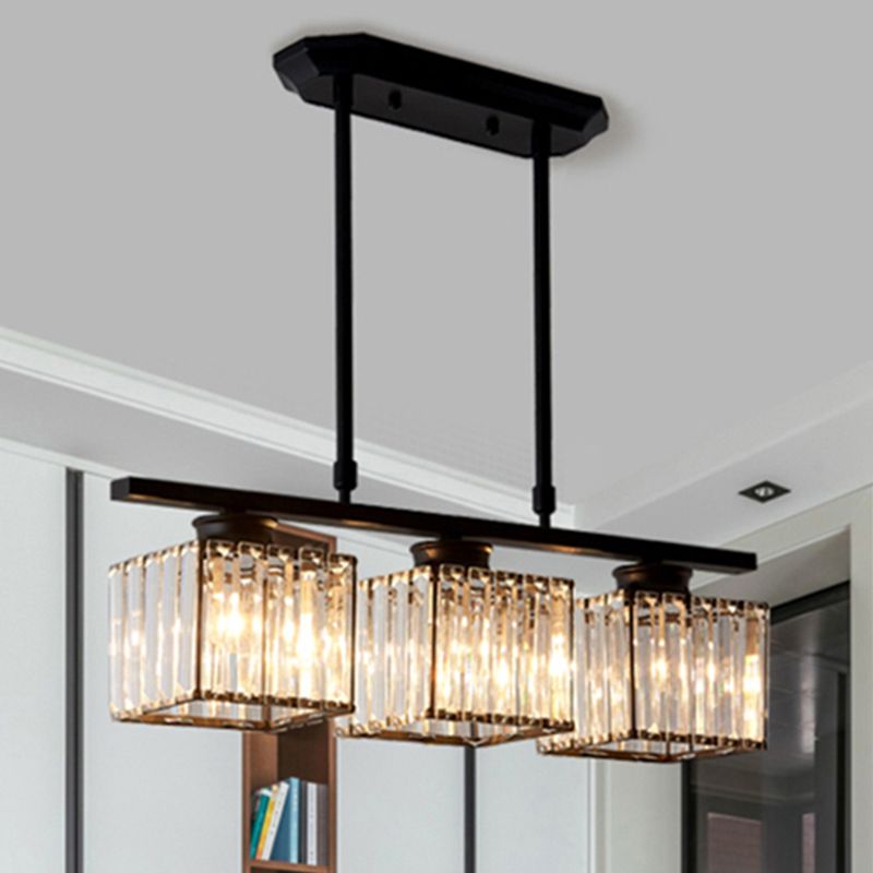 Black Gold 3 Head Crystal Square Pendant Light For Dining