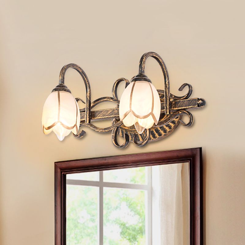 Floral Mirror Front Vanity Wall Light Antique Brass