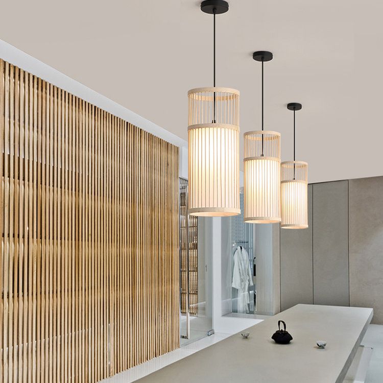 Cylinder Pendant Light Eco Friendly Coffee Wood Weave