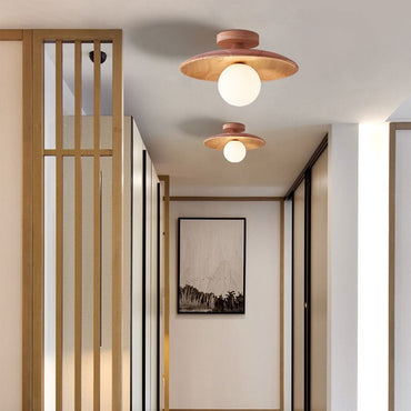Flush Mount Walnut Wood Bubble Hat Ceiling Light