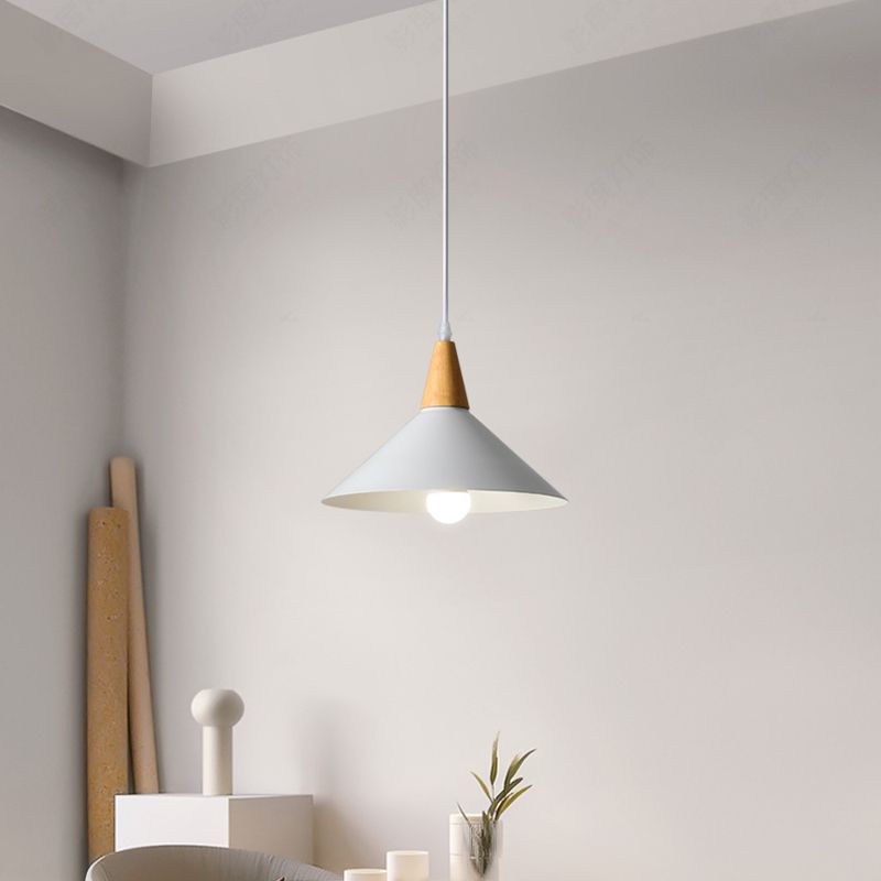 Metal Pendant Light With Natural Wood Finish And Cap-Shaped Design