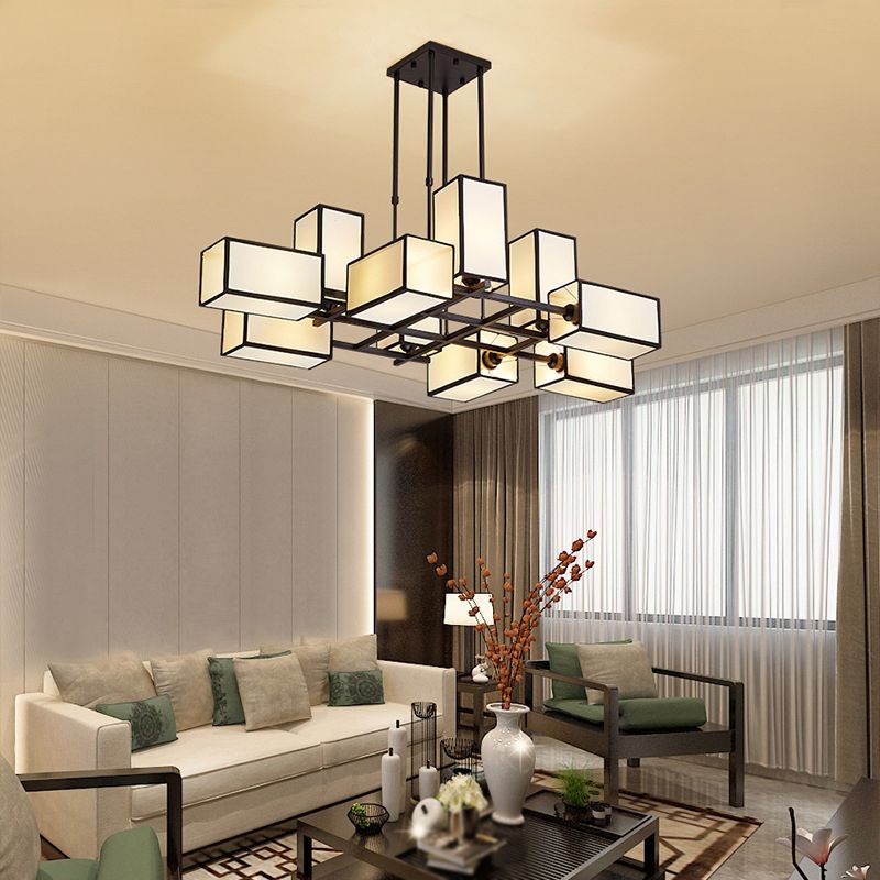 Metal and Fabric Square Retro Pendant Light for Living Rooms