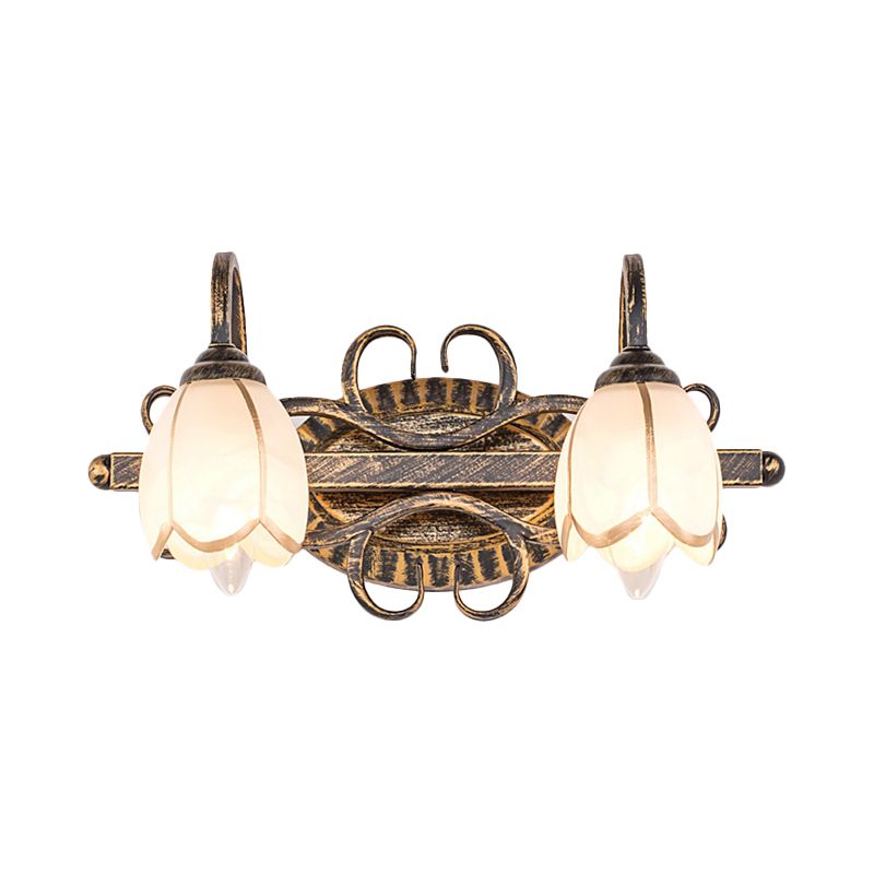 Floral Mirror Front Vanity Wall Light Antique Brass