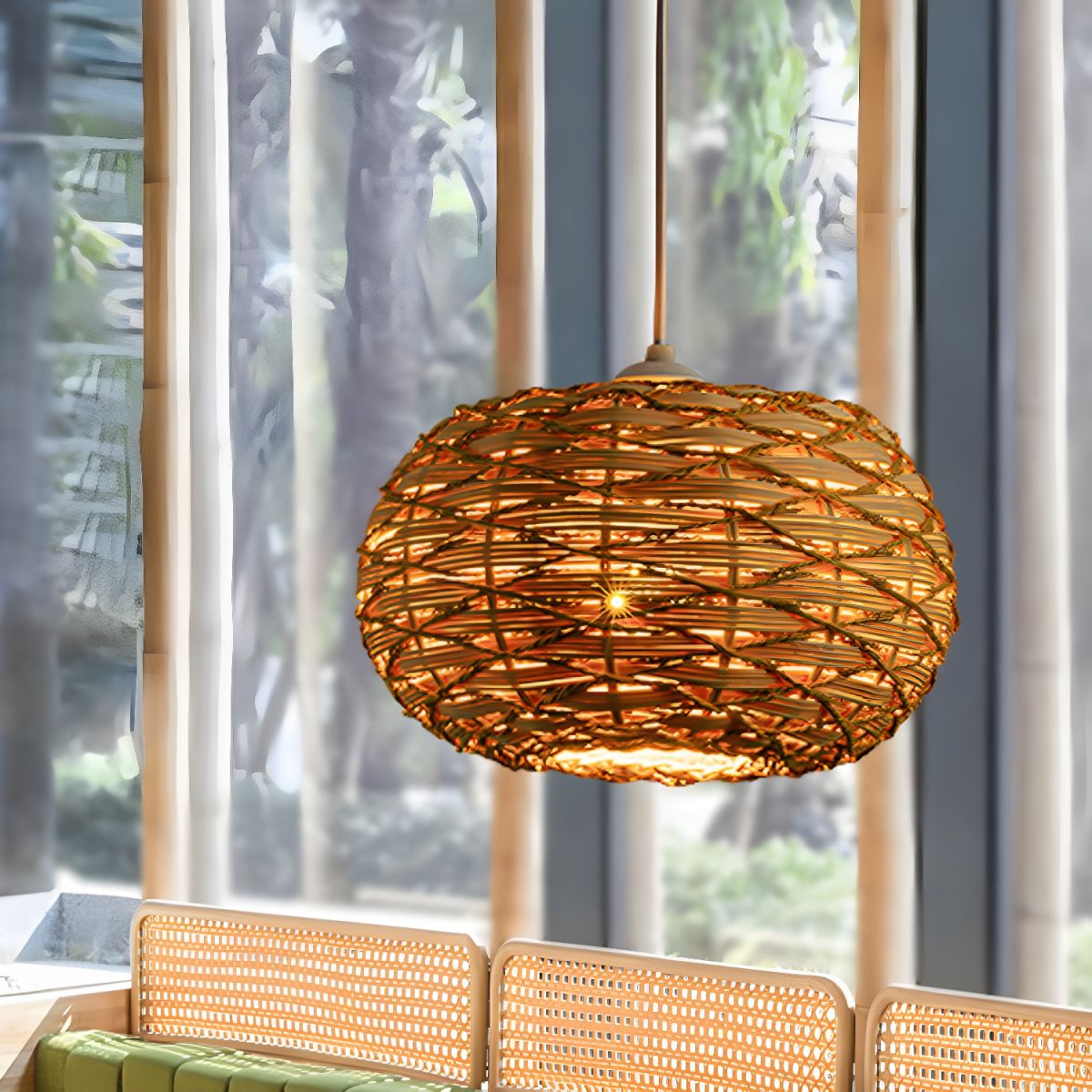Warm Glow Wood Rattan LED Pendant Light Boho