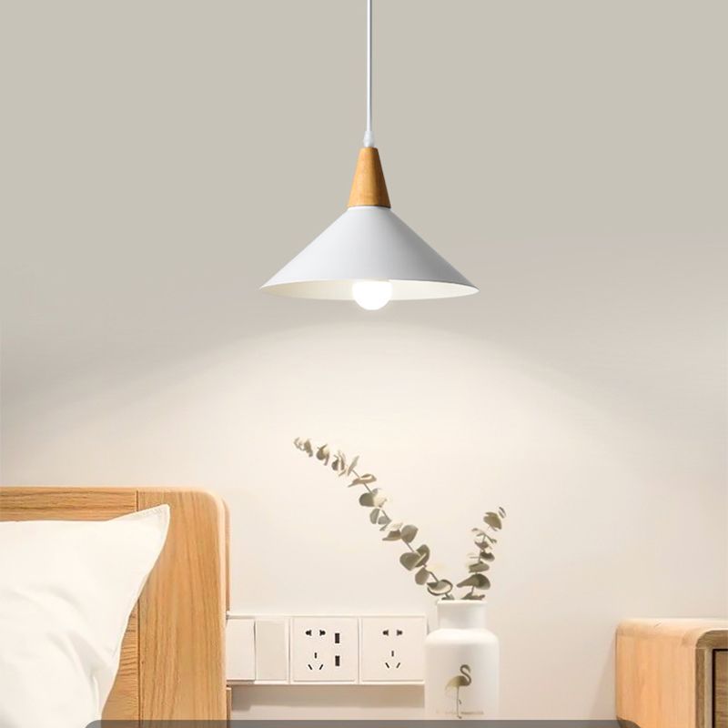 Metal Pendant Light With Natural Wood Finish And Cap-Shaped Design