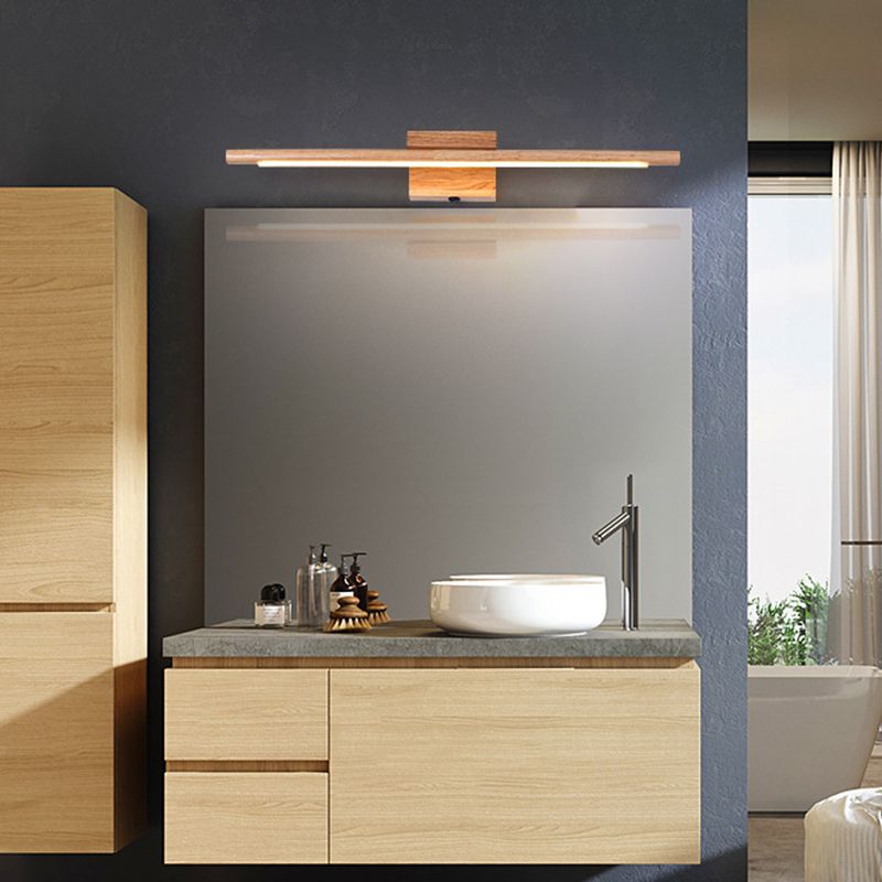 Vanity Wall Light With Mirror Front Natural Wood Linear