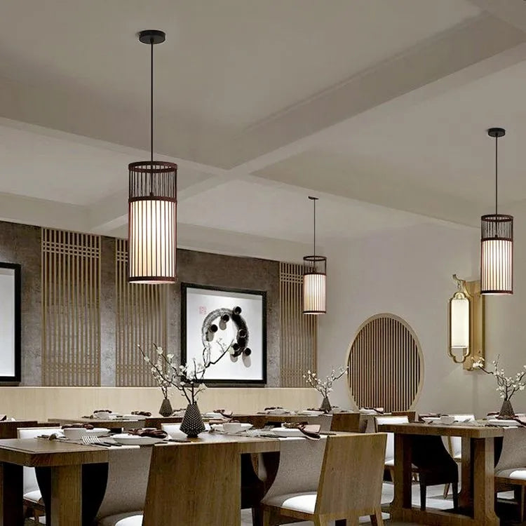 Cylinder Pendant Light Eco Friendly Coffee Wood Weave