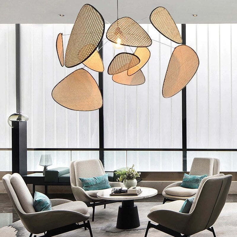 Rattan And Metal Pendant Light With Leaf Grid Design