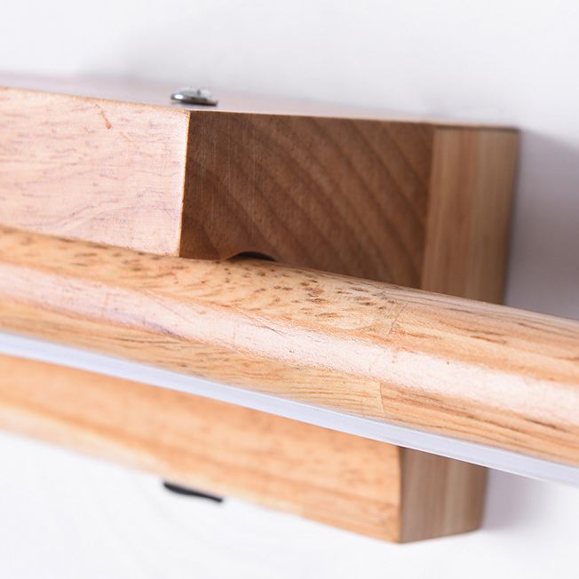 Vanity Wall Light With Mirror Front Natural Wood Linear