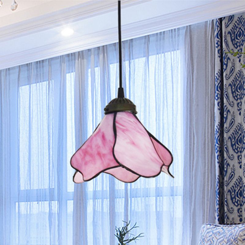 Light Blue Pink Glass Shade Elegant Flower Resin Pendant
