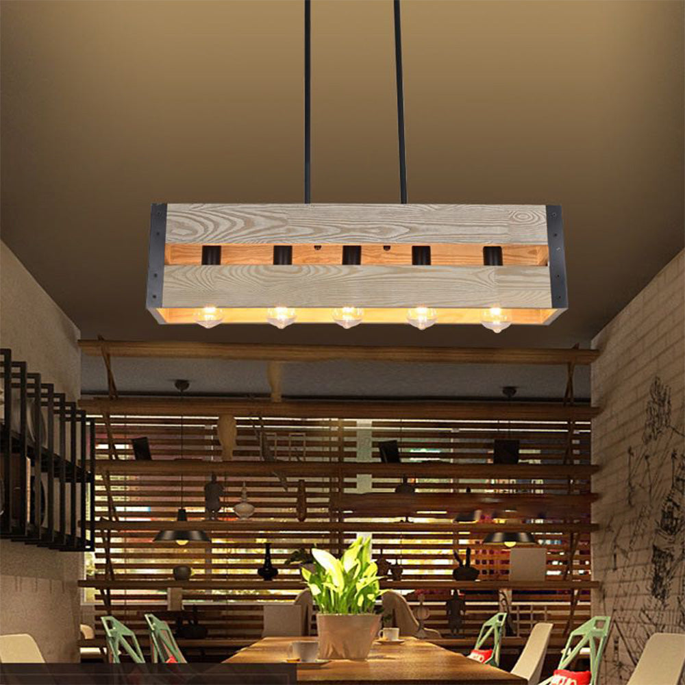Retro Ambiance Wood And Metal Rectangular Pendant Light