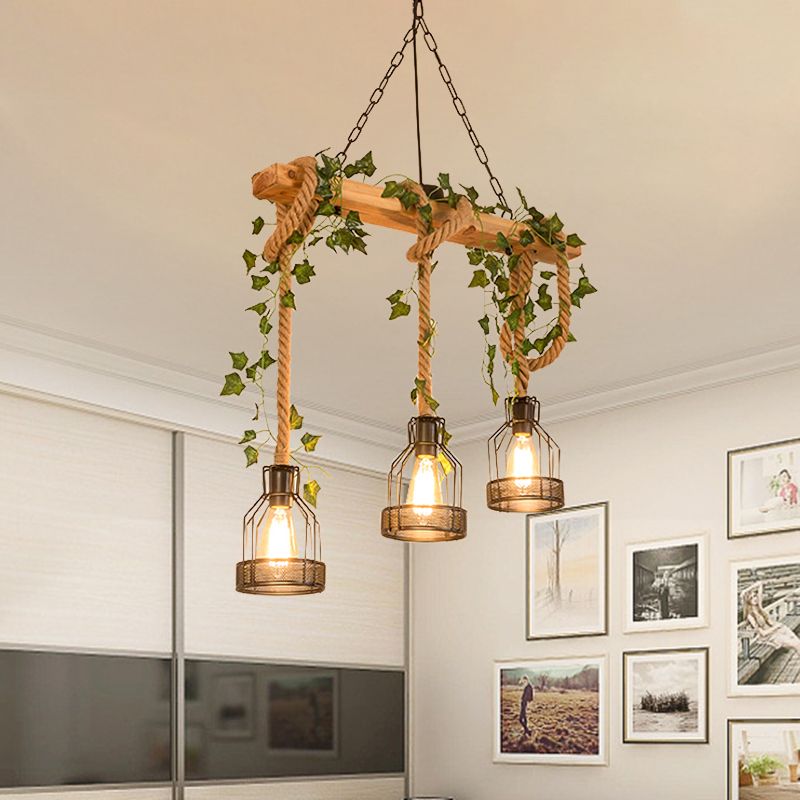 Vintage Three Head Farmhouse Wood Beam Pendant Light