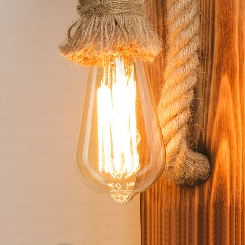 LED Wall Light Rectangular Heritage With Hemp Rope And Wood