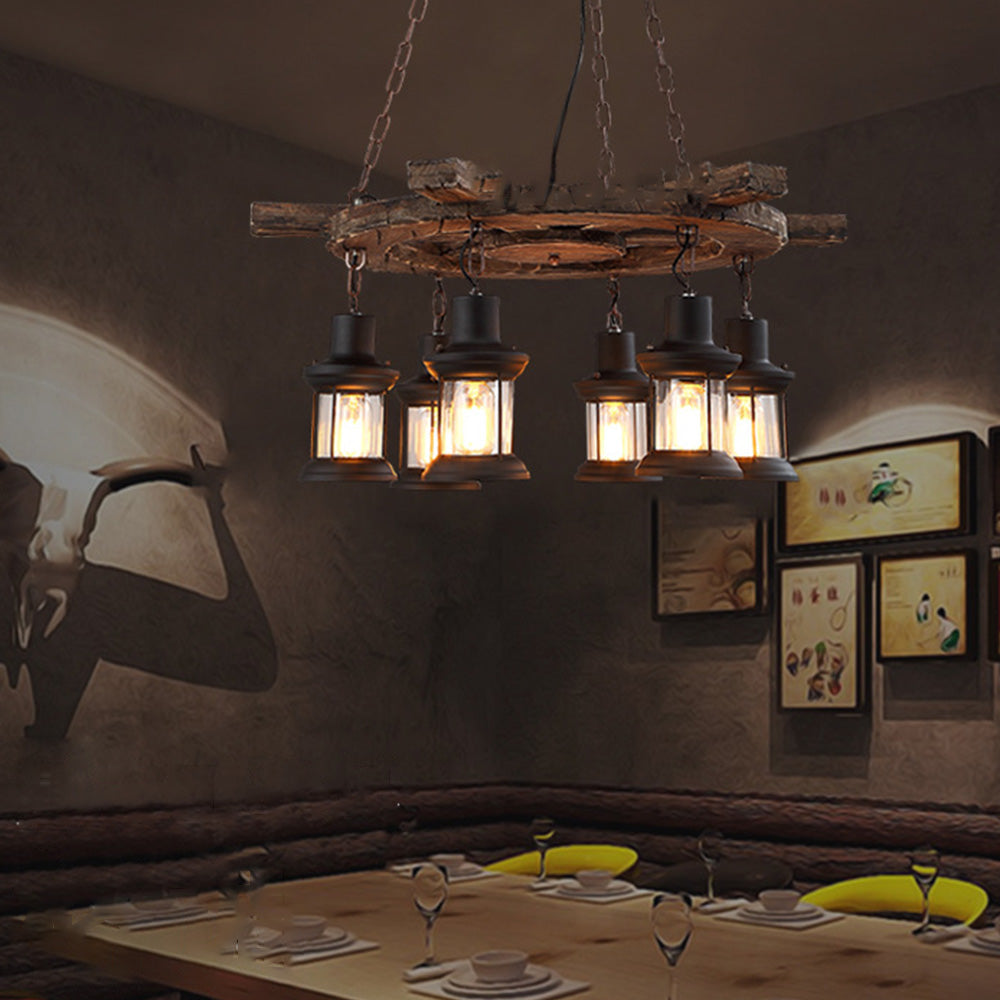Wood And Metal Six-Head Vintage Pendant Lamp Ambience