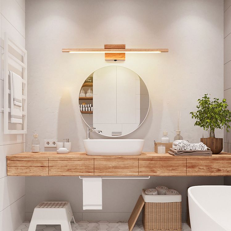 Vanity Wall Light With Mirror Front Natural Wood Linear