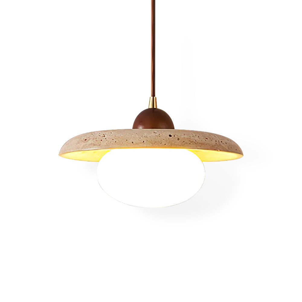 Warm Glow Pendant Light With Oak Accents And Travertine