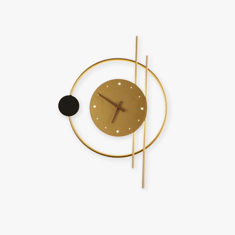 Black Finish Wall Clock Lamp With Warm Light Brass Accent