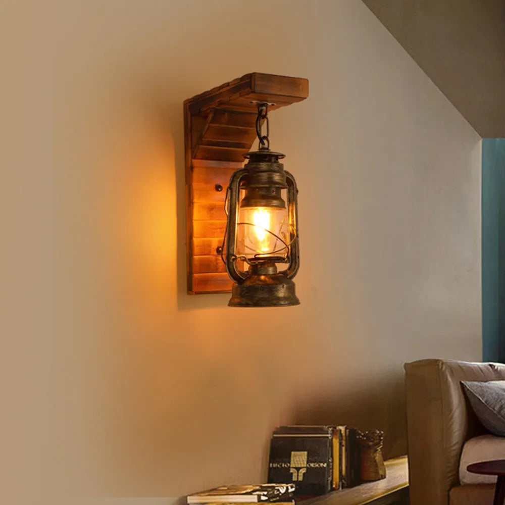 Rustic Vintage Style Indoor Light Wooden Lantern Wall Lamp