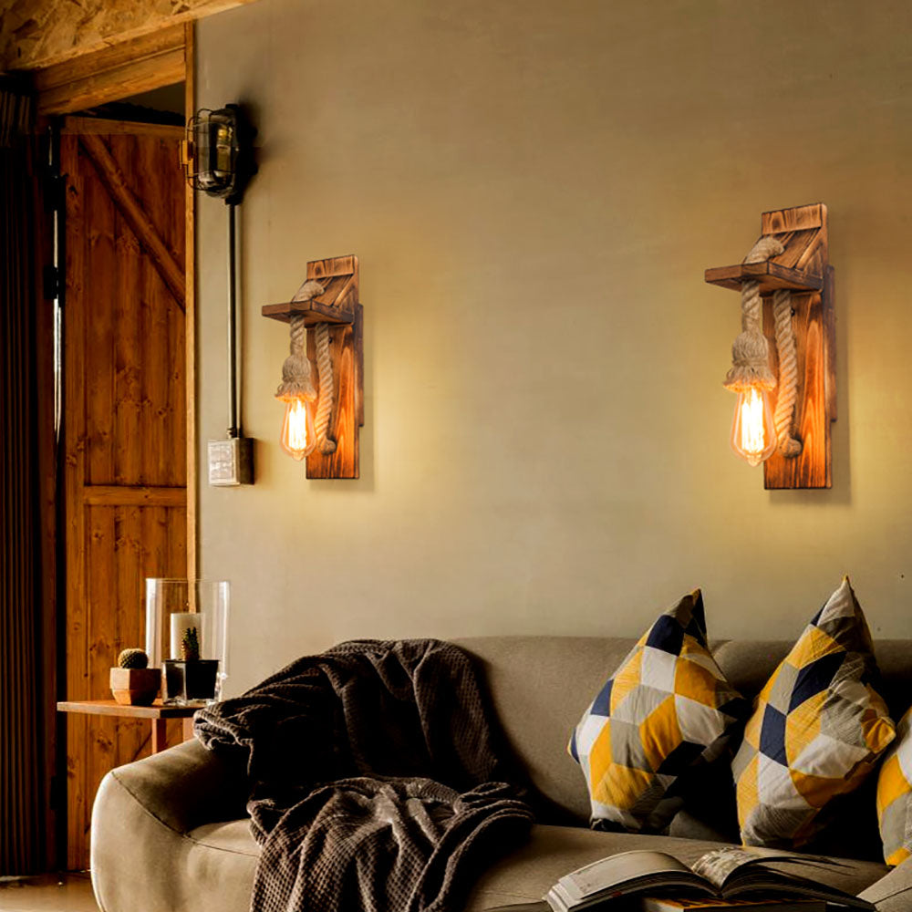 LED Wall Light Rectangular Heritage With Hemp Rope And Wood