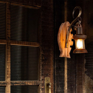 Wood And Metal Vintage Wall Lamp Fish Shape For Bedroom