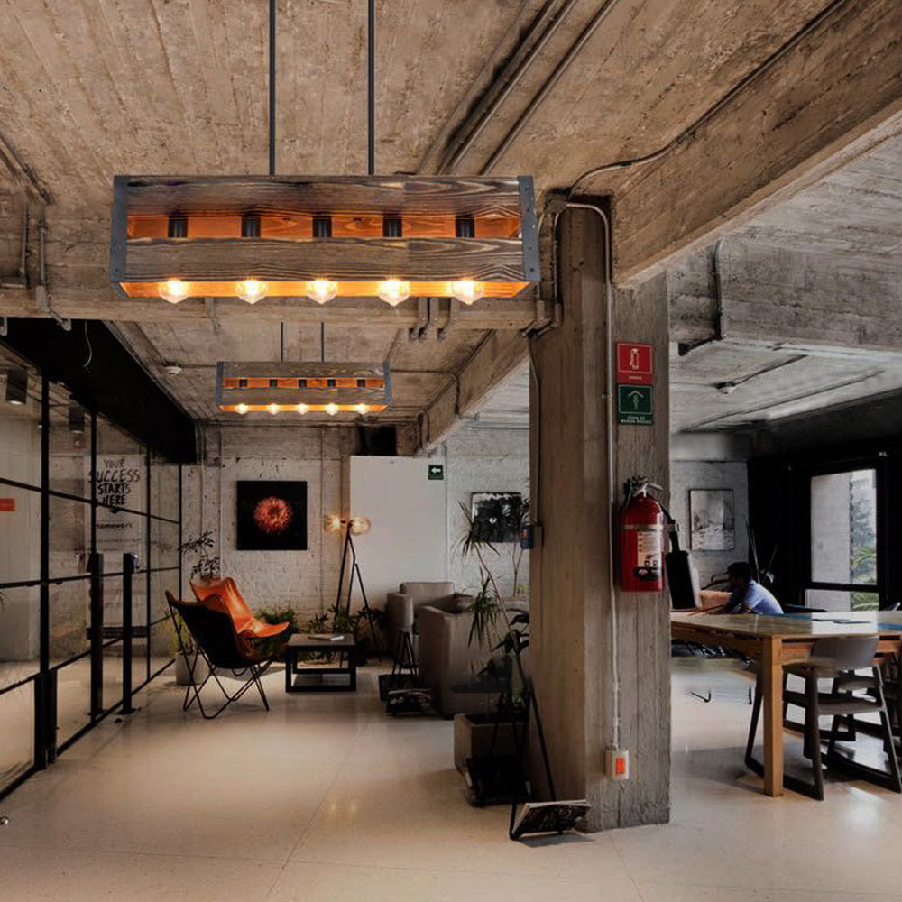 Retro Ambiance Wood And Metal Rectangular Pendant Light