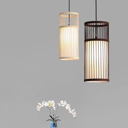 Cylinder Pendant Light Eco Friendly Coffee Wood Weave