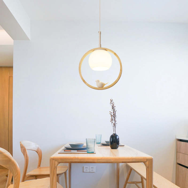 Milky Glass Shade Pendant Light With Oak Wood