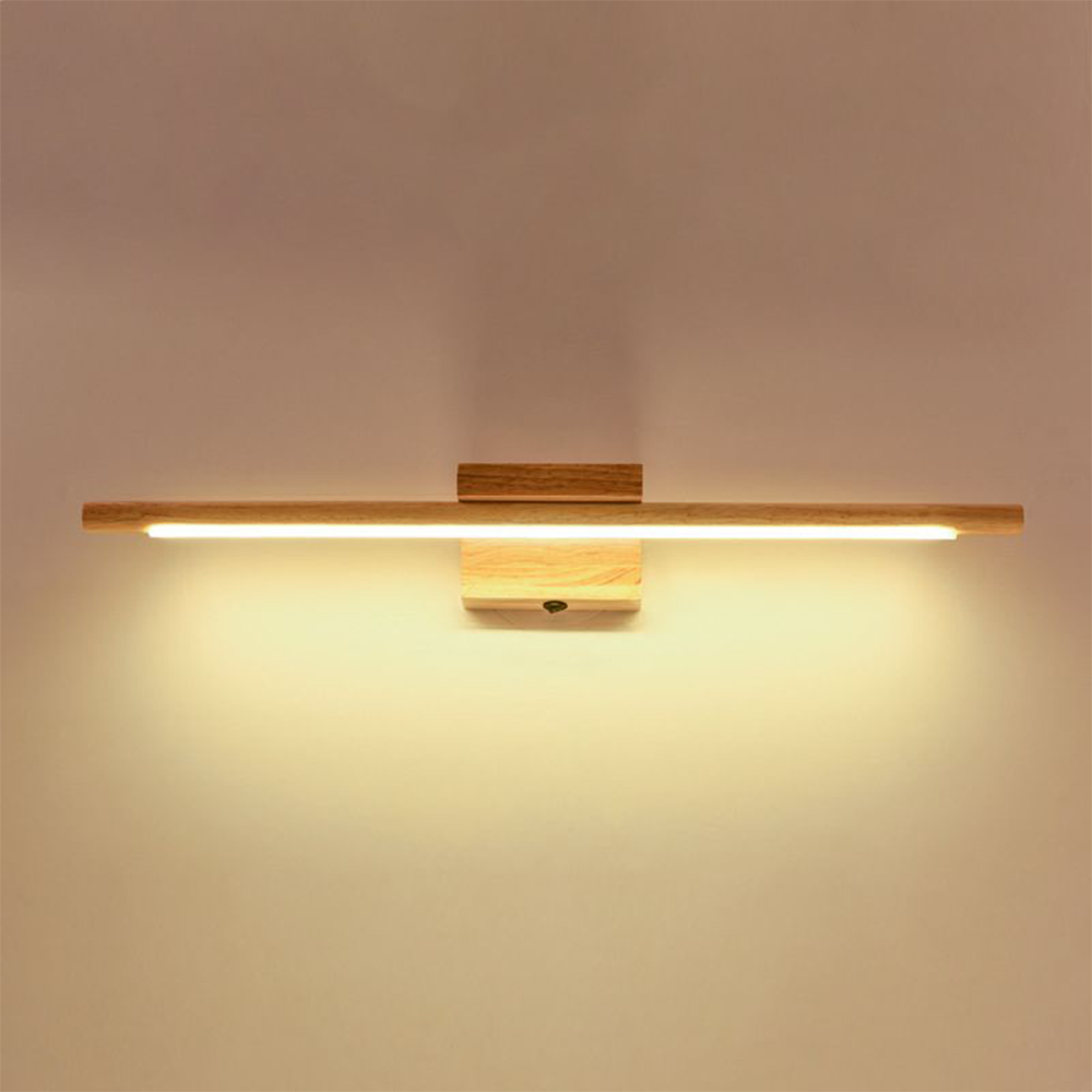 Vanity Wall Light With Mirror Front Natural Wood Linear