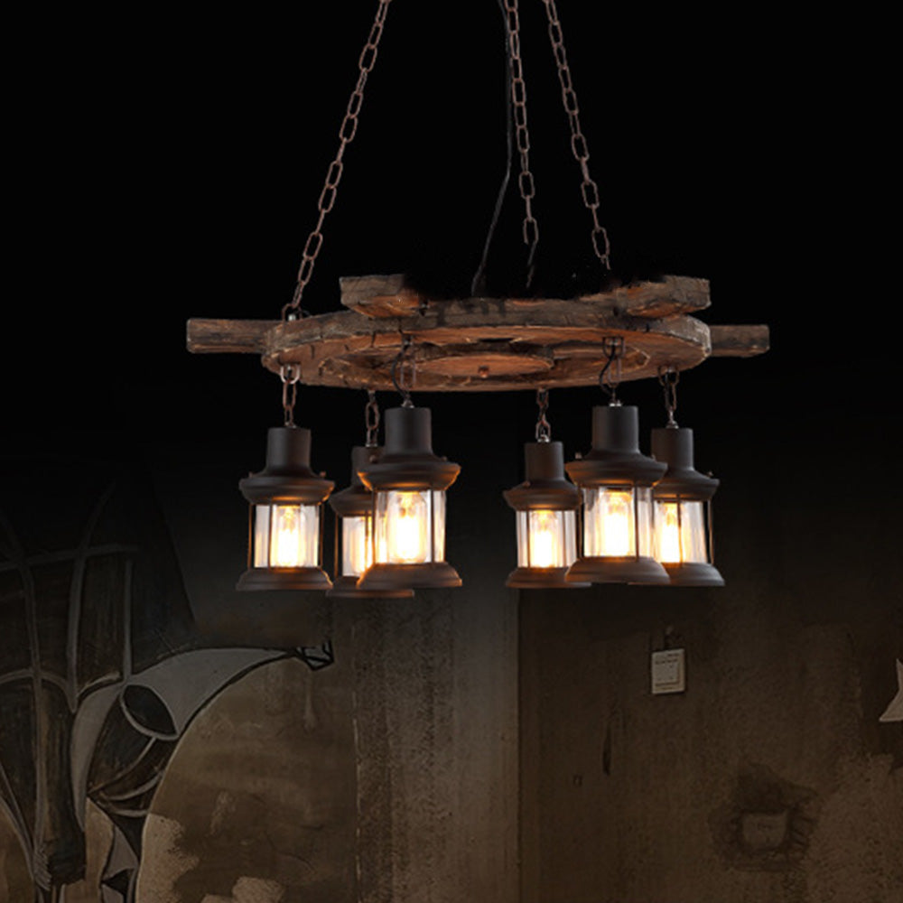 Wood And Metal Six-Head Vintage Pendant Lamp Ambience