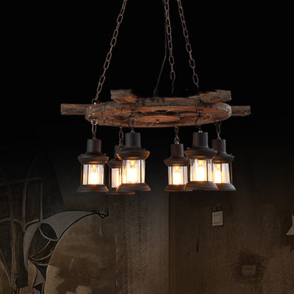 Wood And Metal Six-Head Vintage Pendant Lamp Ambience