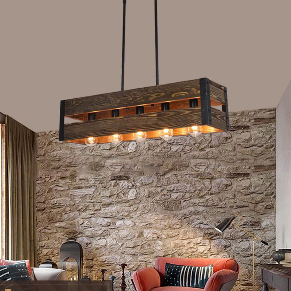 Retro Ambiance Wood And Metal Rectangular Pendant Light