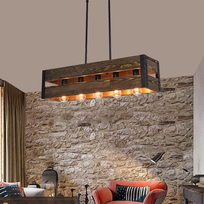 Retro Ambiance Wood And Metal Rectangular Pendant Light