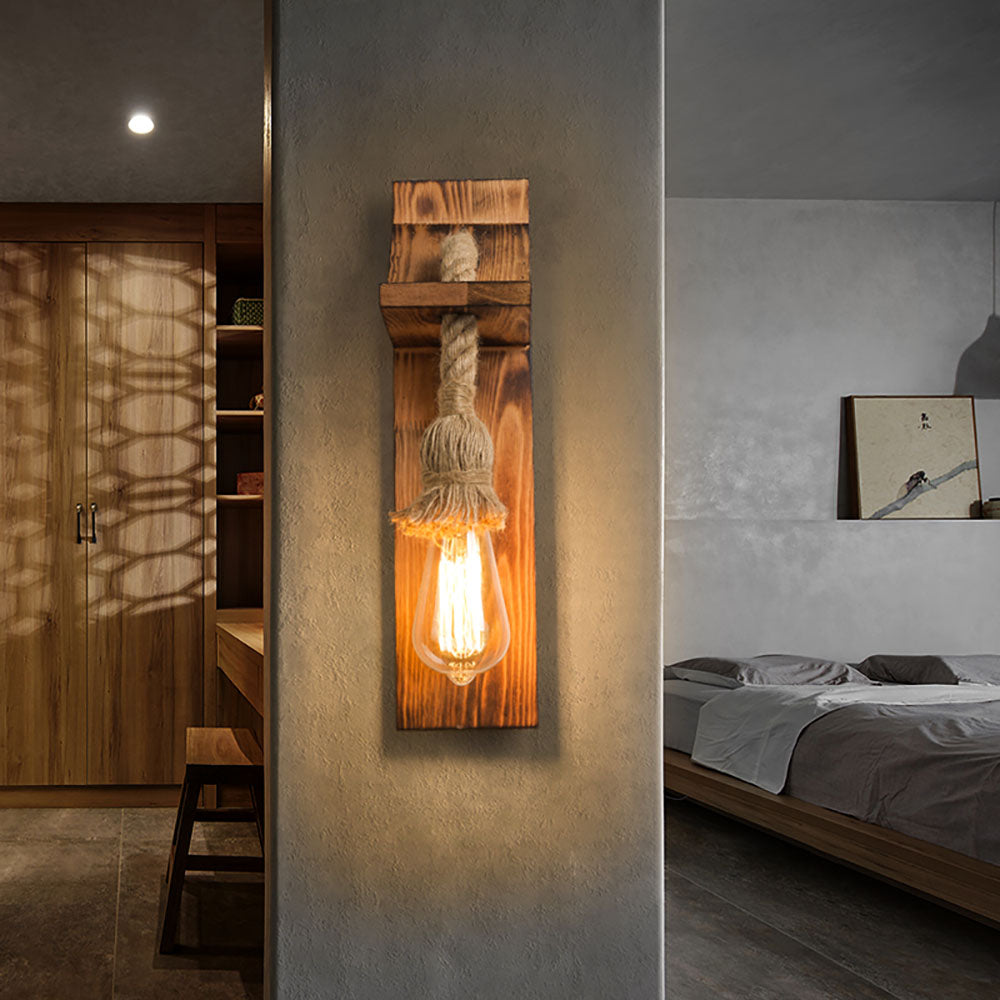 LED Wall Light Rectangular Heritage With Hemp Rope And Wood