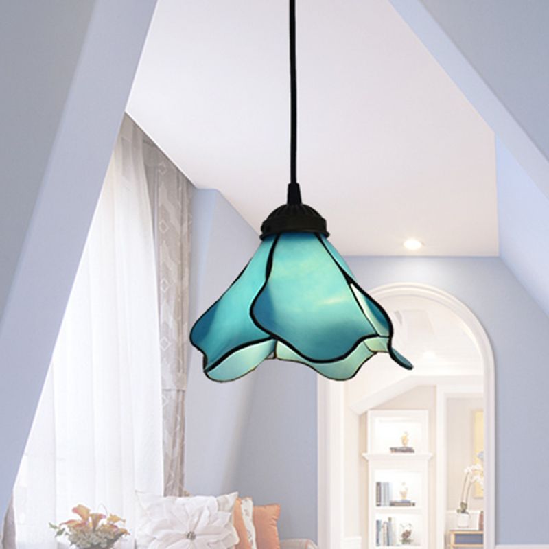 Light Blue Pink Glass Shade Elegant Flower Resin Pendant