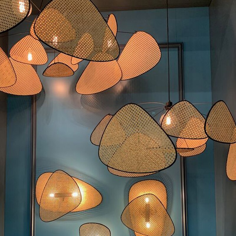 Rattan And Metal Pendant Light With Leaf Grid Design