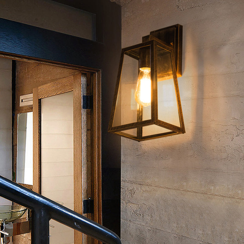 Black Retro Industrial Wall Lantern Featuring Glass Panels