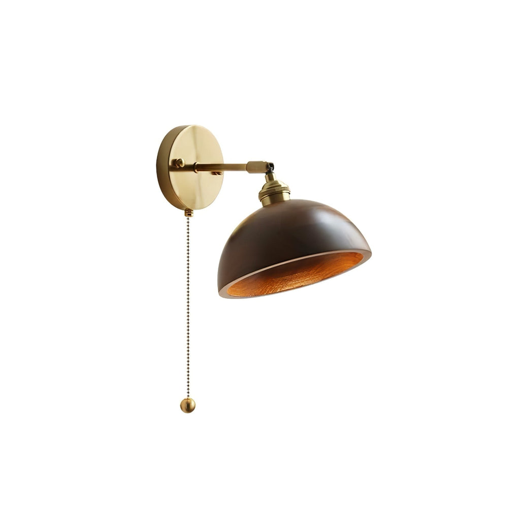 Dome Shade And Pull Chain Switch Wooden Wall Lamp For Bedroom