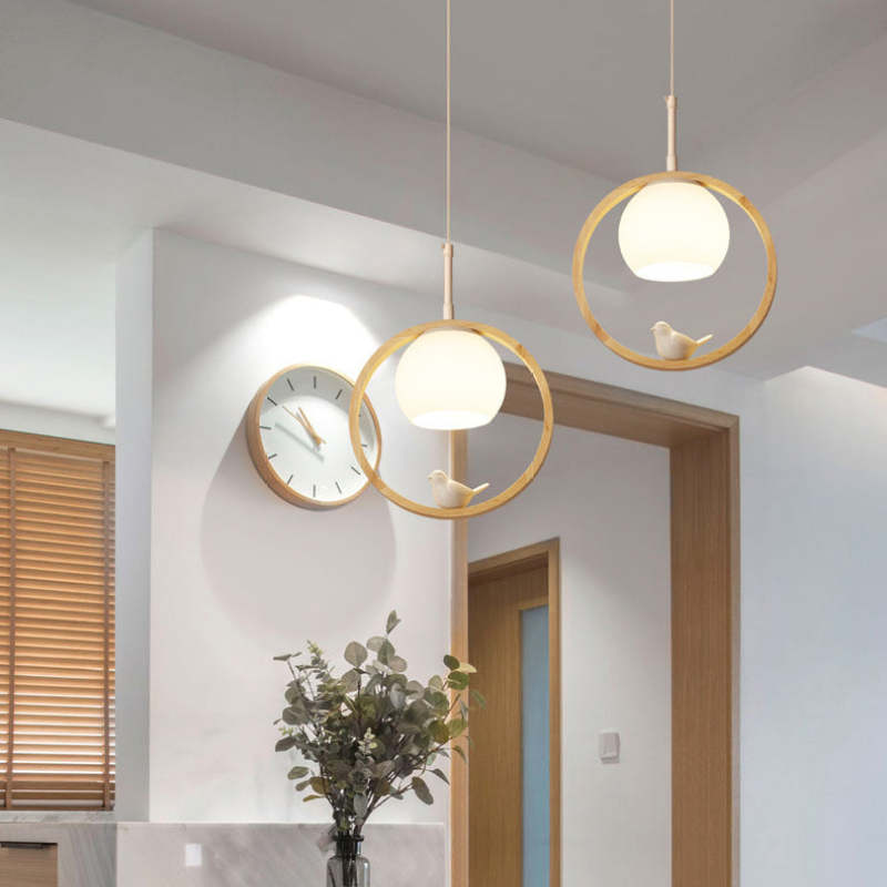 Milky Glass Shade Pendant Light With Oak Wood