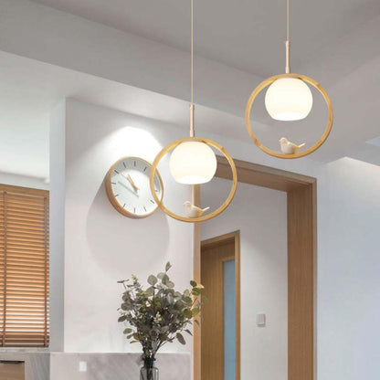 Milky Glass Shade Pendant Light With Oak Wood