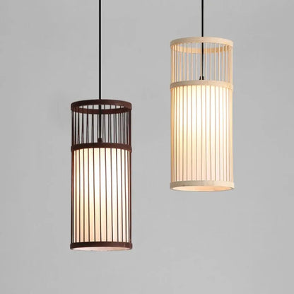Cylinder Pendant Light Eco Friendly Coffee Wood Weave