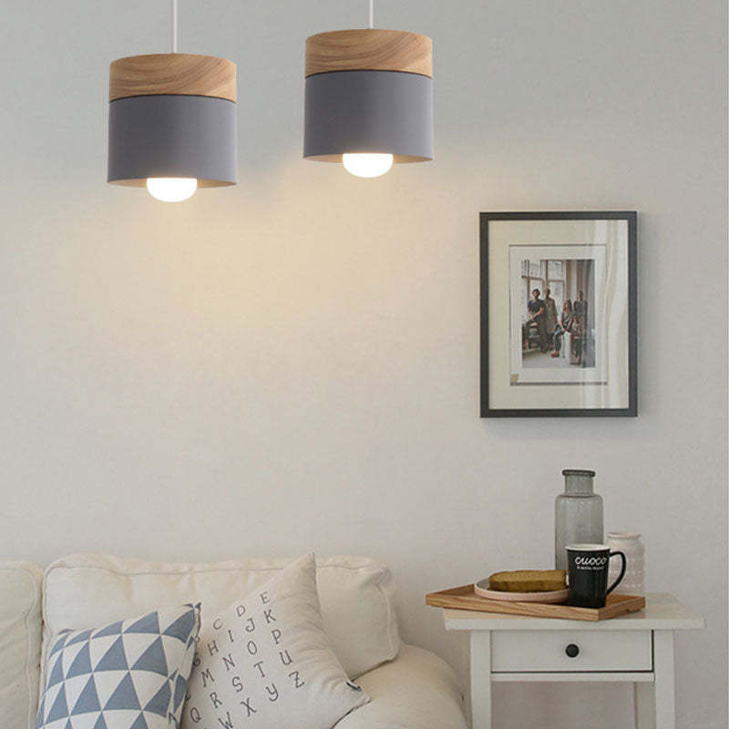 Metal And Wood Warm Glow Can Shape Pendant Light