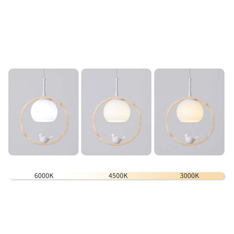 Milky Glass Shade Pendant Light With Oak Wood