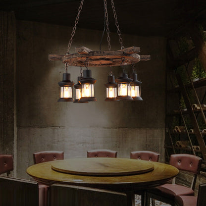 Wood And Metal Six-Head Vintage Pendant Lamp Ambience