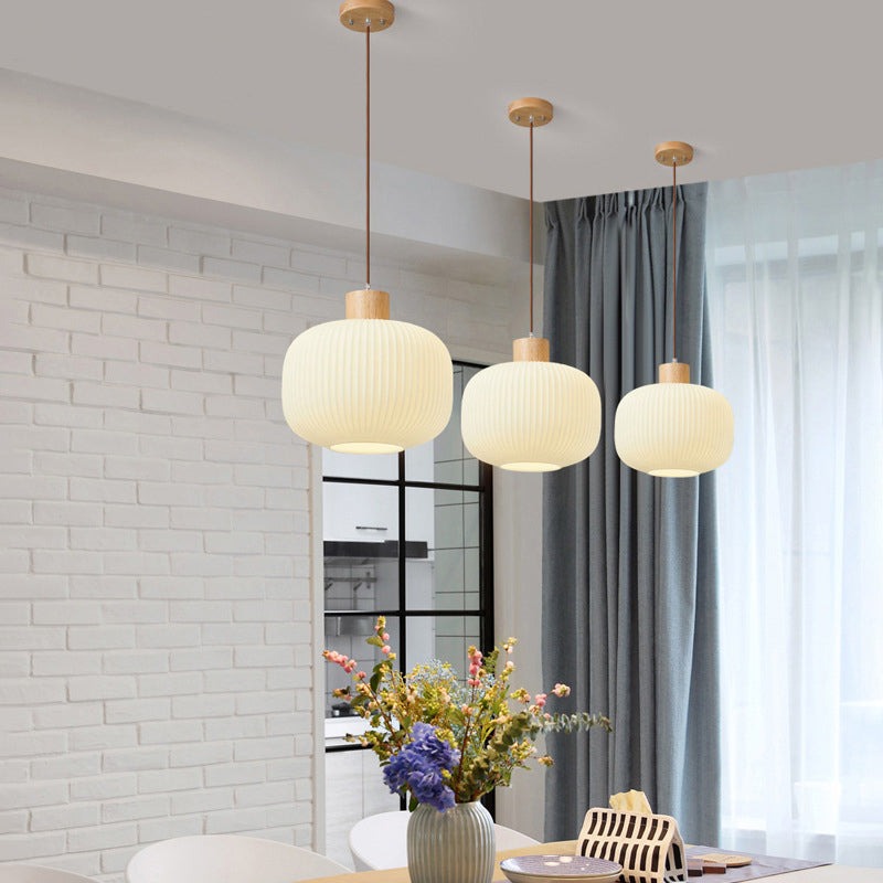 White Glare Free Pendant Light With Wood And Glass