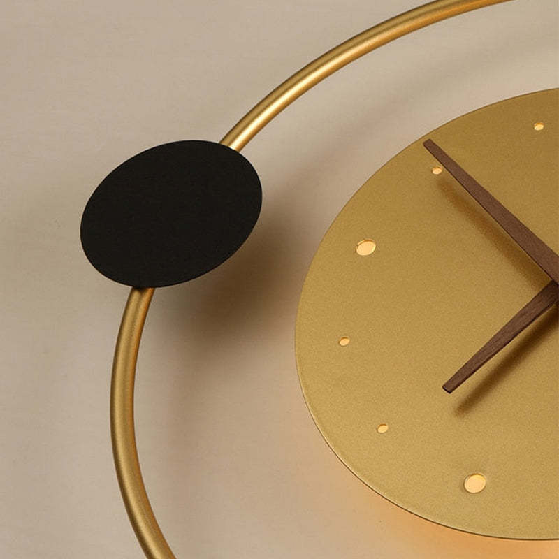 Black Finish Wall Clock Lamp With Warm Light Brass Accent