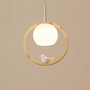 Milky Glass Shade Pendant Light With Oak Wood