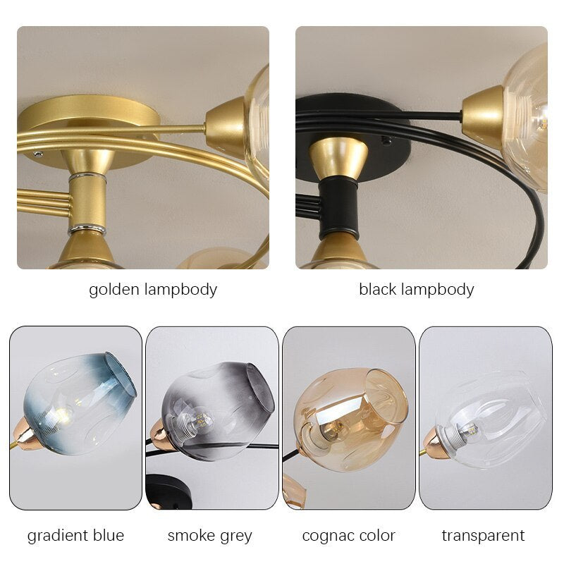 Black Gold Finish Dining Room Aurora Glass Flush Mount Ceiling Light