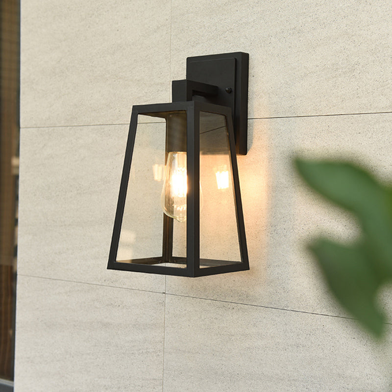 Black Retro Industrial Wall Lantern Featuring Glass Panels