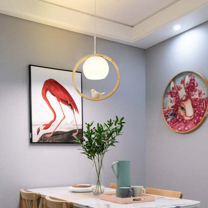 Milky Glass Shade Pendant Light With Oak Wood