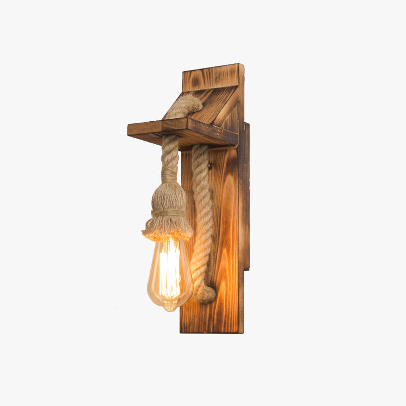 LED Wall Light Rectangular Heritage With Hemp Rope And Wood